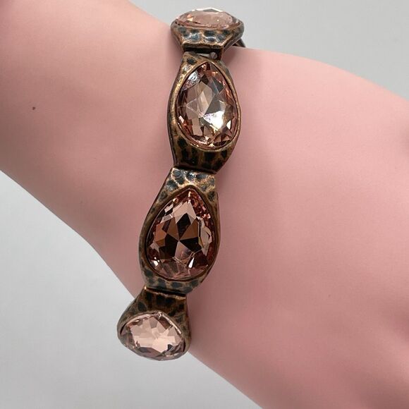 Copper Tone Hammer Finish Champaign Glass Rhinestone Metal Stretch Bracelet Bold - Picture 2 of 7